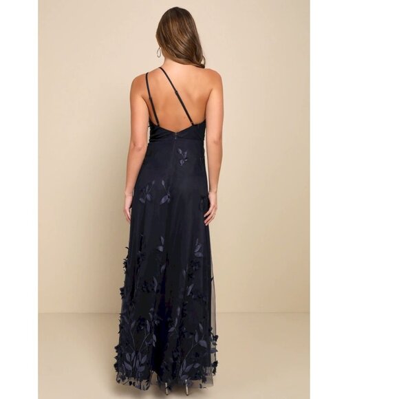 Lulus Regal Poise Navy Blue 3D Floral Applique One-Shoulder Maxi Dress XS NWT - Picture 4 of 16